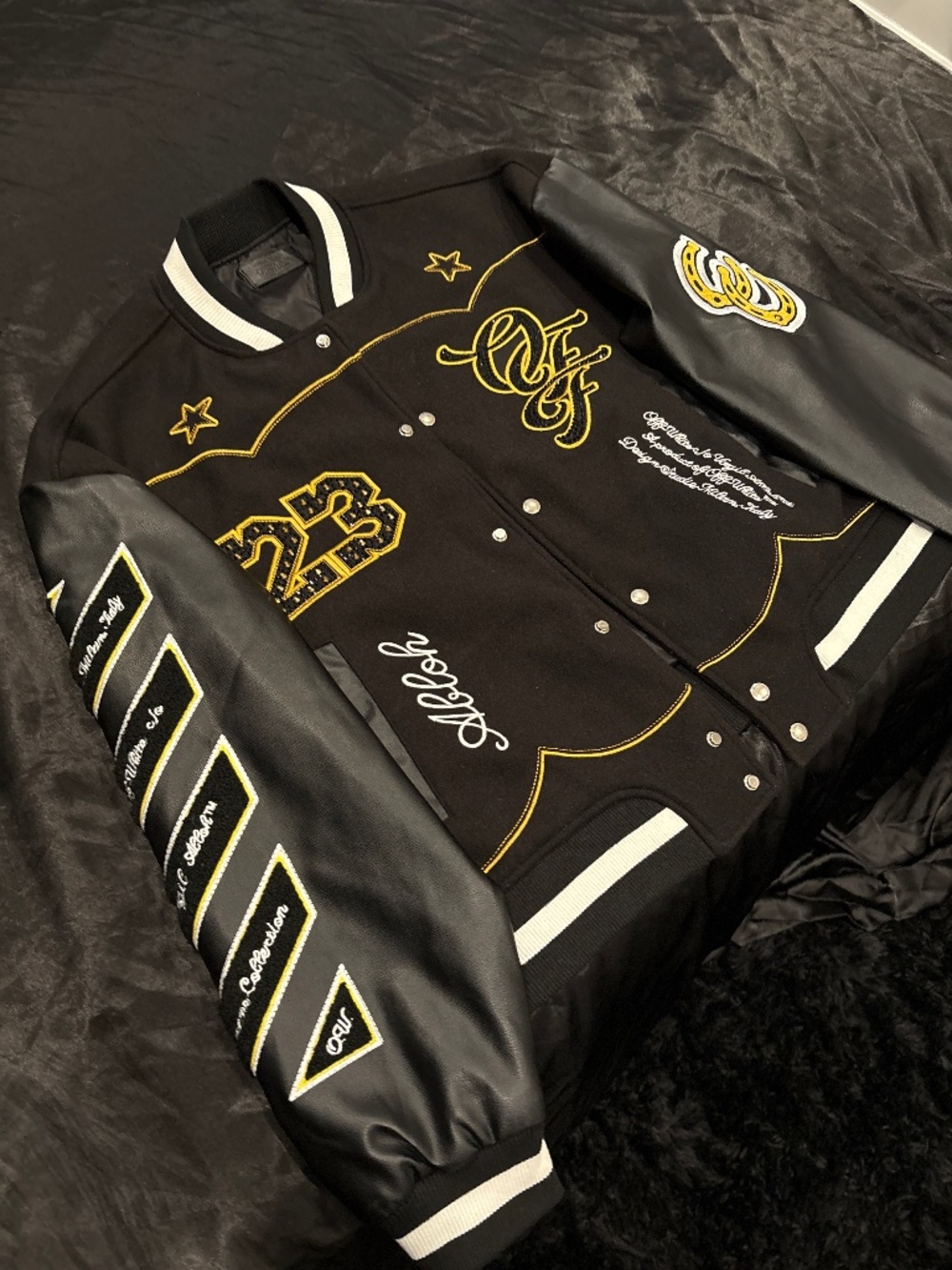 OFF-WHITE BLING HORSESHOE VARSITY BOMBER JACKET